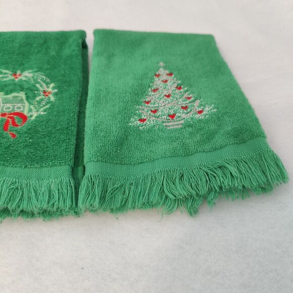 2 Cannon 1 Royal Terry Christmas Tree Wreath Candle Green Embroidered Towels VTG - Picture 6 of 12